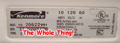 Example Kenmore model tag